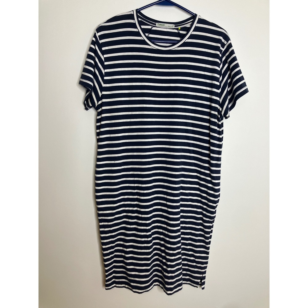 Tasc Performance T-Shirt Dress Womens S Navy Blue Striped Short Sleeve Pockets